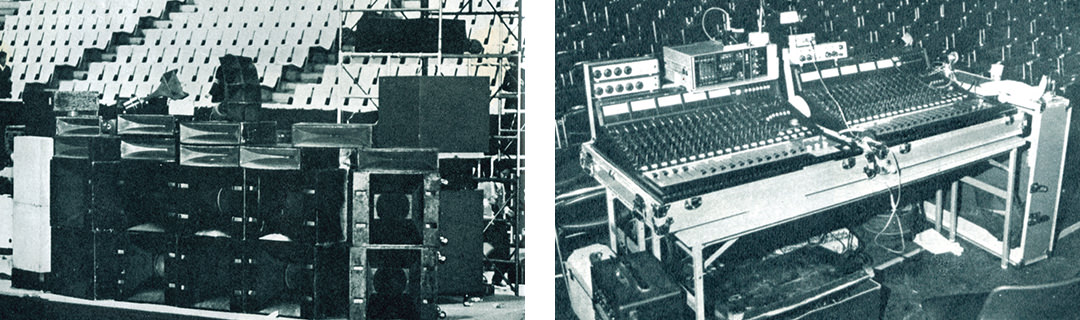 エリック・クラプトン（日本武道館、1974年）：JBLオリジナルマルチウェイスピーカーを運用（左）、アリーナ席中央のPAブース。ヒビノ製16chミキシングコンソール2台（右）（写真：『無線と実験』誠文堂新光社 刊、1975年1月号より転載）